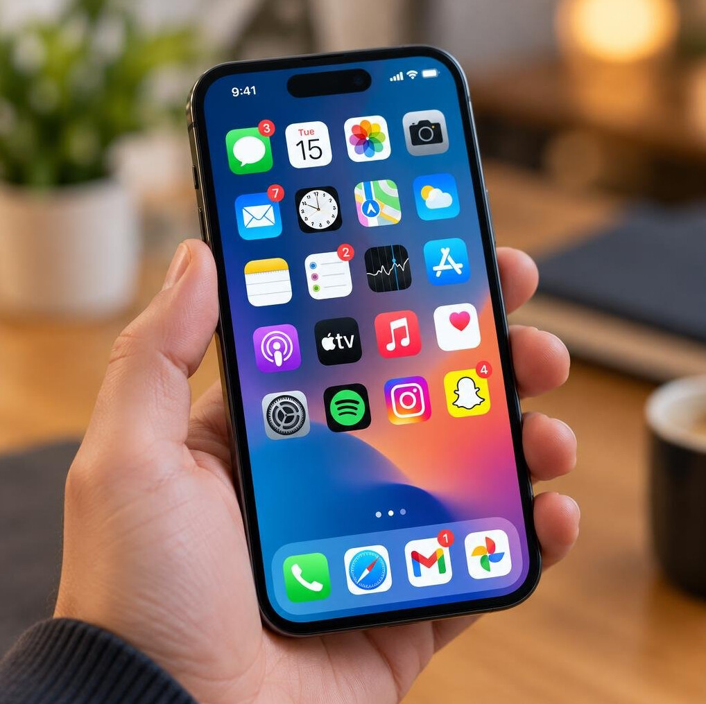 Hand holding a smartphone showing app notification icons