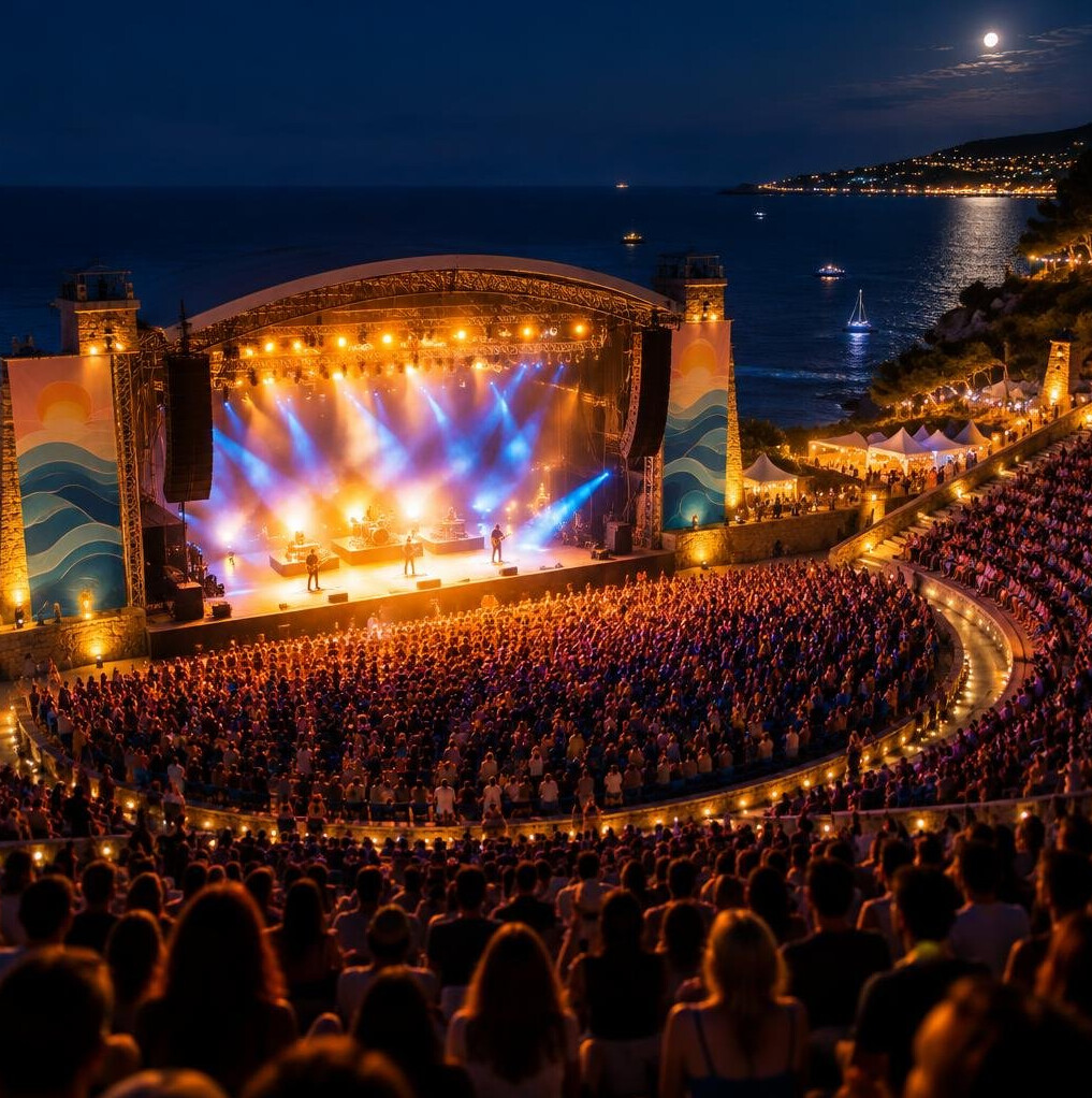 Big outdoor festival stage at night with lights